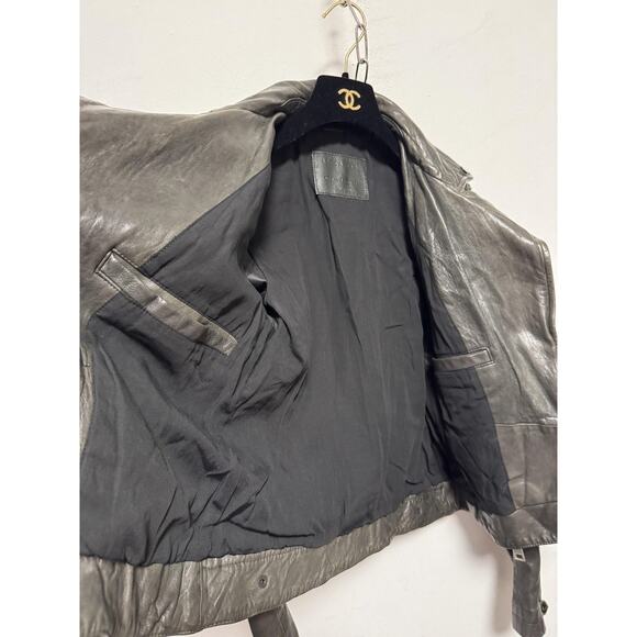 AllSaints Leather Biker Jacket Womens 4 Gray Conroy Quilted Shoulders Moto Zip - Picture 8 of 15